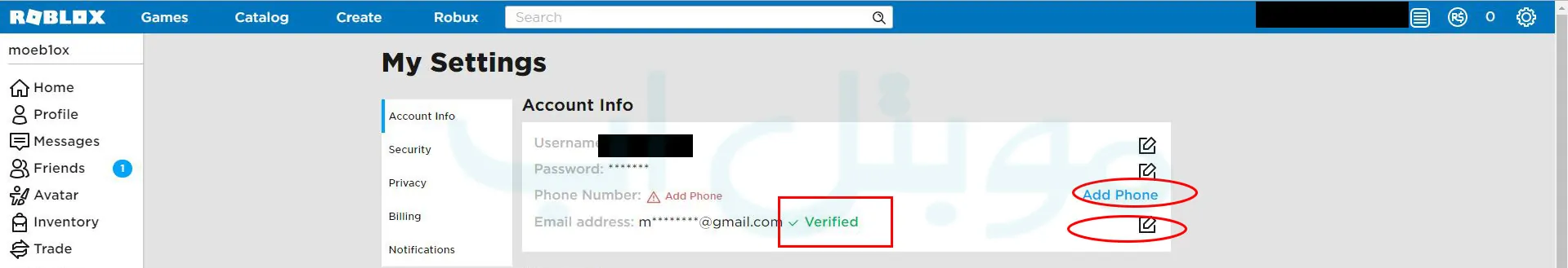 اعادات توثيق حساب Roblox من الاعدادات 